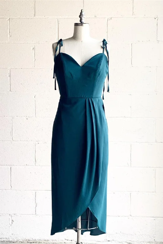 denim dressTurquoise Tie Straps Draped Midi Bridesmaid Dress