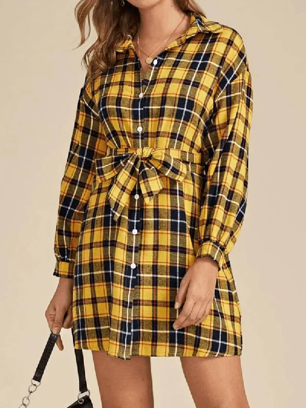 draped dressChic Long Sleeved Lapel Belted Long Sleeve Plaid Shirt Dress for Women