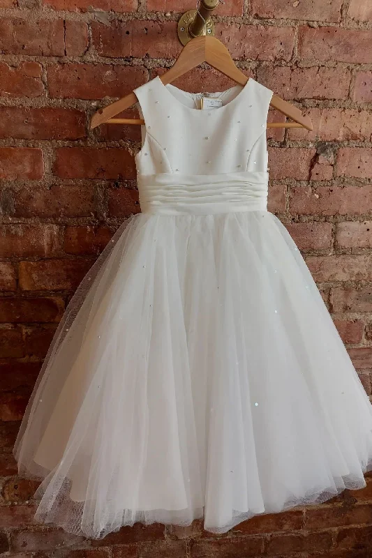 ruffle dressWhite Jewel Sleeveless Pearl Beaded Long Flower Girl Dress with Bow Sash