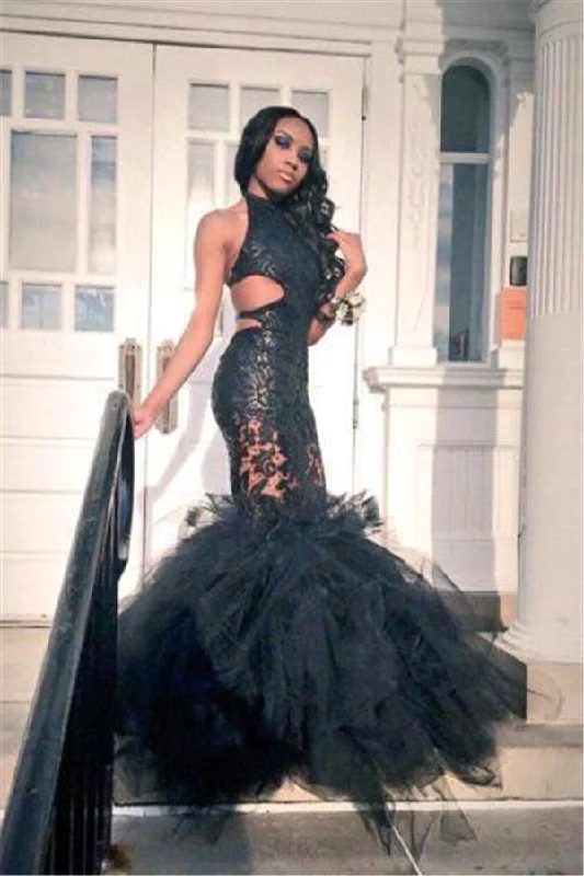 Deep Discounts Hot Black Trumpet Lace Tulle Backless Ruffles Prom Party Gowns