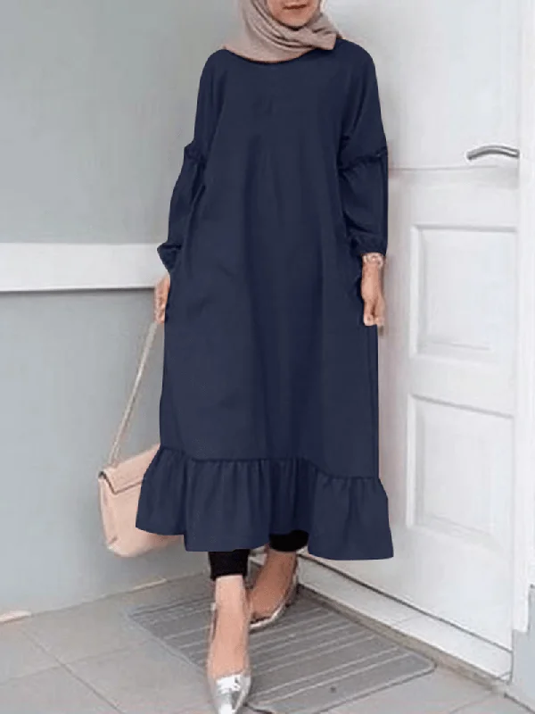 fitted bodycon dressWomen Ruffle Hem Trim Solid Color O-Neck Casual Elastic Cuff Shirt Maxi Dress with Pockets