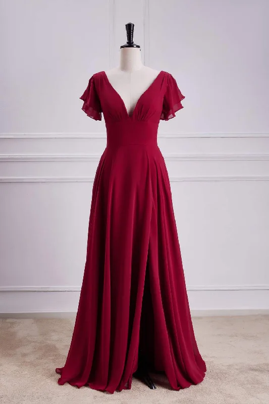 backless dressWine Red Flaunt Sleeves V Neck A-line Long Bridesmaid Dress with Slit