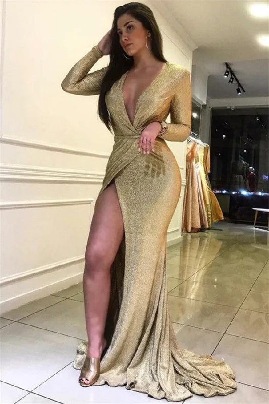 Quick Sale Chic Mermaid Deep V-Neck Long-Sleeves Front-Slipt Prom Party Gowns