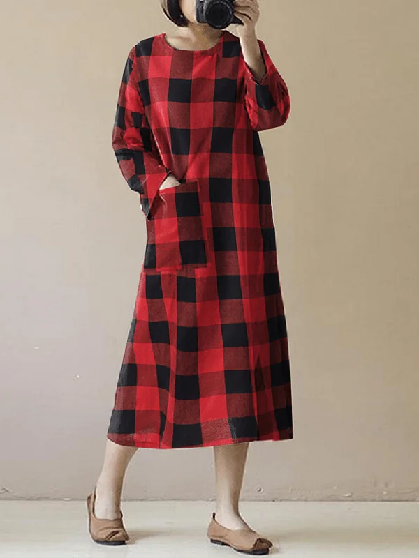 form-fitting dressWomen Vintage Plaid O-Neck Long Sleeve Splited Midi Dress