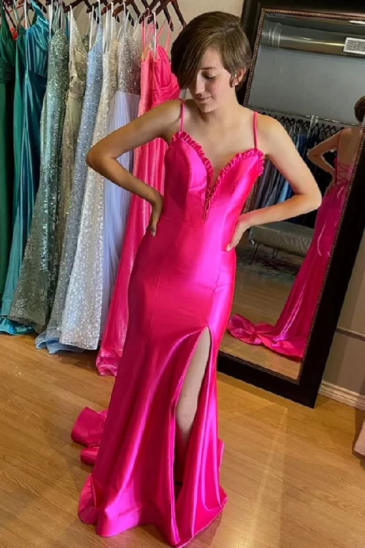 Sneak Peek Sale v-neck dressFuchsia Ruffled Plunging V Mermaid Satin Long Prom Dress with Slit Sneak Peek Sale v-neck dressFuchsia Ruffled Plunging V Mermaid Satin Long Prom Dress with Slit