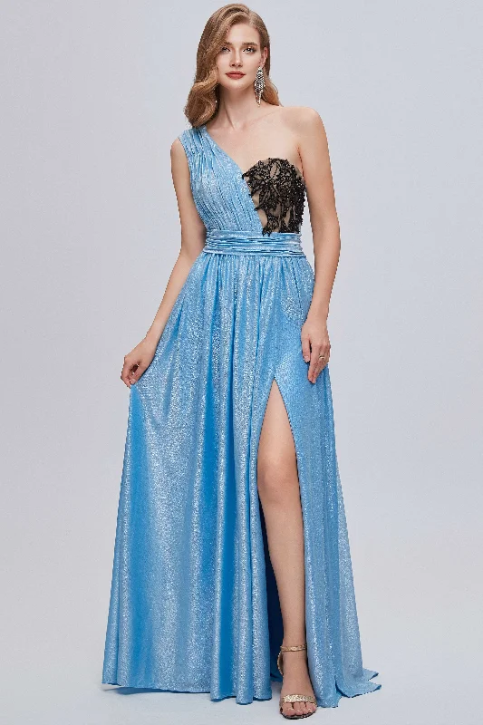 fitted cocktail dressBlue One-Shoulder Bustier A-Line Long Prom Gown