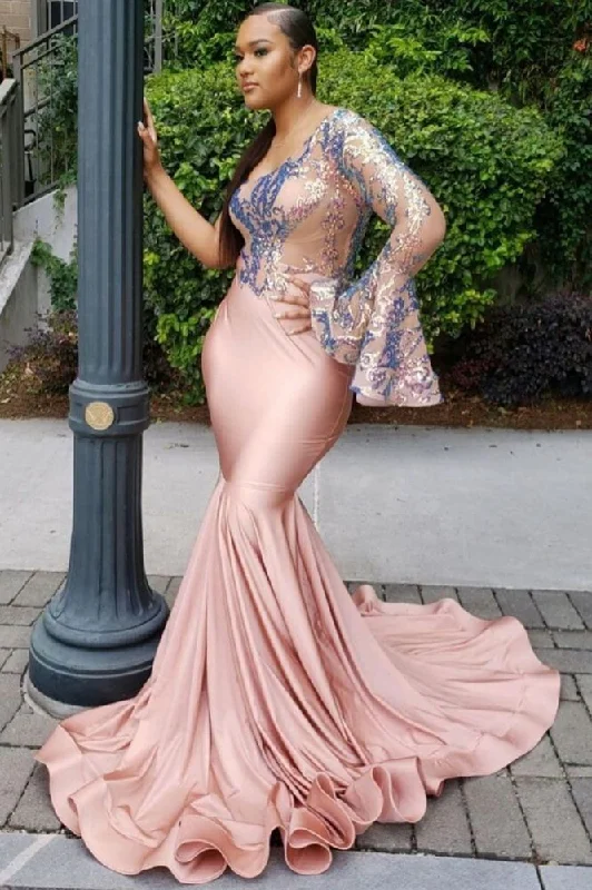 Bonus Savings One Shoulder Slim Evening Gowns Ruffle Sleeve Sweep Train
