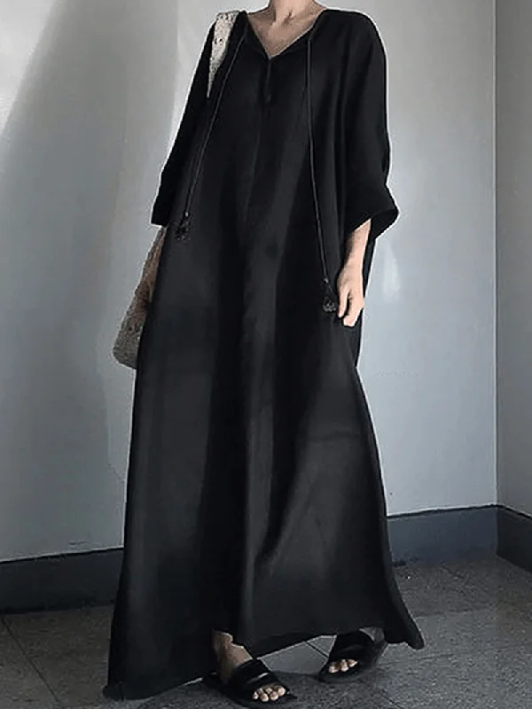 velvet dressWomen Casual V Neck 3/4 Seeve Solid Cotton Maxi Dress