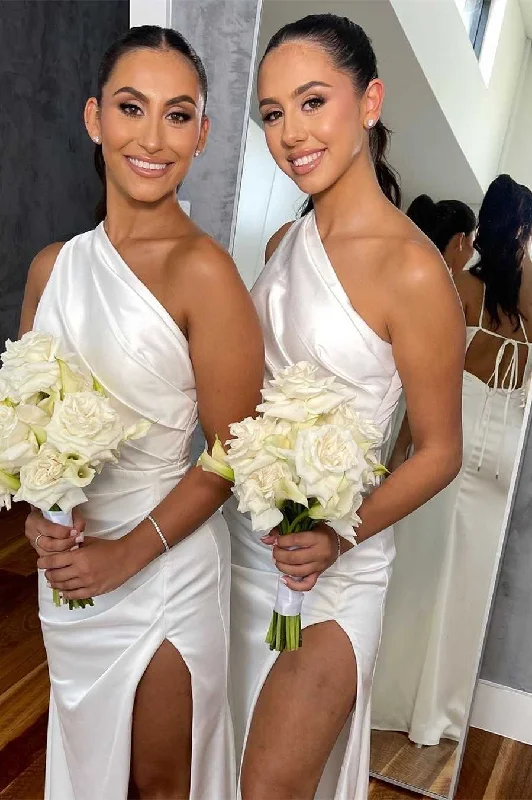 Best Deals cocktail dressWhite One-Shoulder Tie-Back Long Bridesmaid Dress with Slit