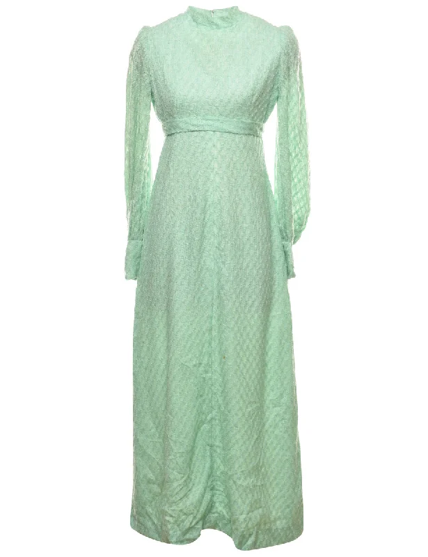 Reduced Prices Mint Green Long-Sleeve 1970s High Neck Maxi Dress - M
