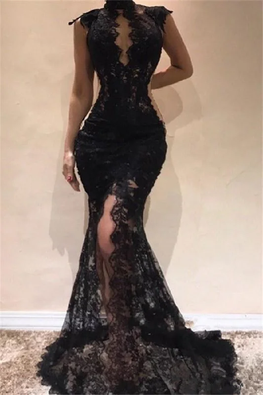 Midnight Madness Black High Neck Lace Chic Prom Dresses New Arrival Sleeveless Front Split Evening Dresses Midnight Madness Black High Neck Lace Chic Prom Dresses New Arrival Sleeveless Front Split Evening Dresses