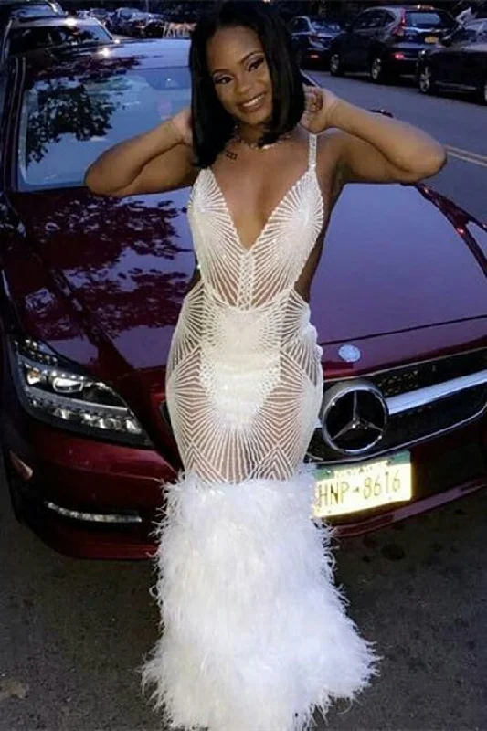 Super Sale Trendy See Through Beading Stripes Mermaid V-neck Sleeveless Feather Train Prom Dresses Super Sale Trendy See Through Beading Stripes Mermaid V-neck Sleeveless Feather Train Prom Dresses