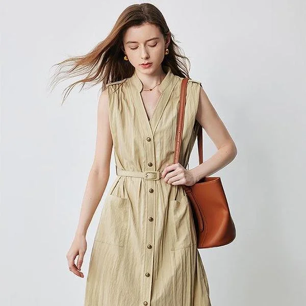 party-ready dressElegant Summer V-Neck Midi Shirt Dress with Pockets