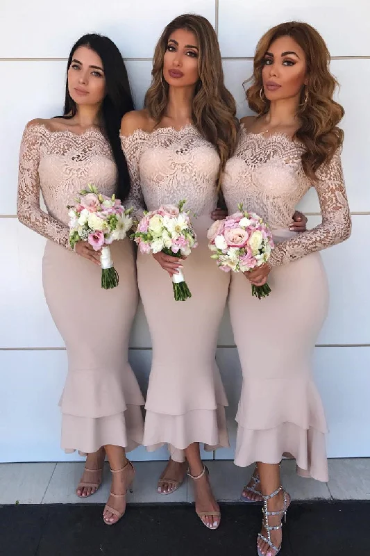 office dressSexy Long Sleeves Champagne Mermaid Long Bridesmaid Dress