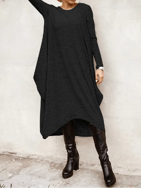 winter dressWomen's Casual High Low Hem Midi Dress - Loose Fit with Long Sleeves