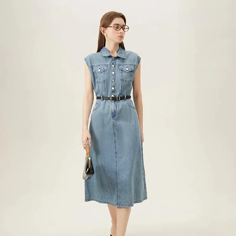 casual day dressSummer Chic Sleeveless Denim Dress - Cotton Casual Straight Knee-Length