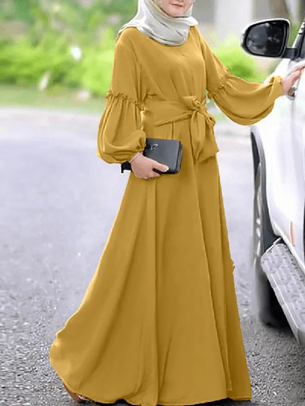 tiered dressWomen Long Sleeve Solid Color Belted O-Neck Button Maxi Dress