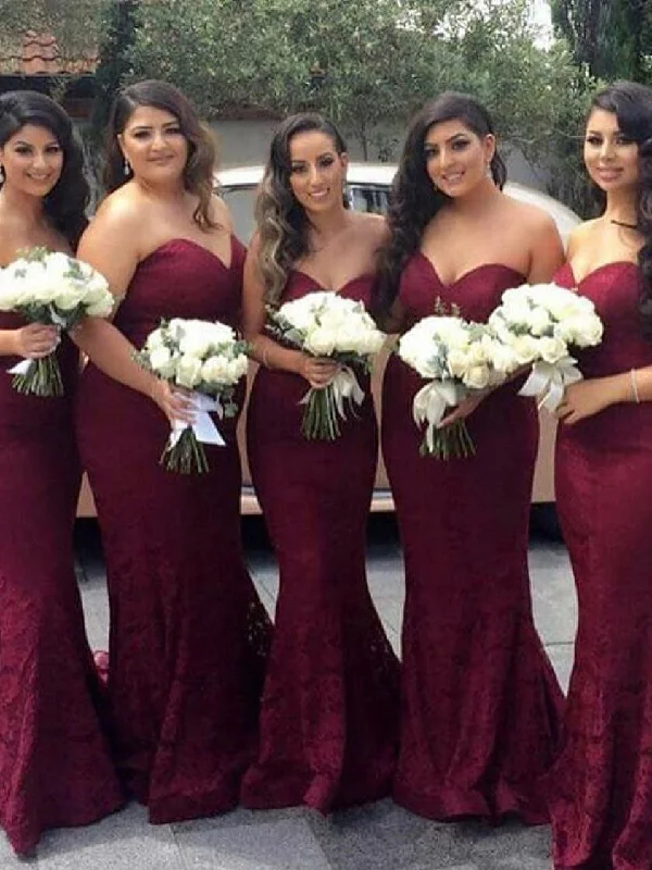 casual dressStrapless Mermaid Long Burgundy Lace Bridesmaid Dress