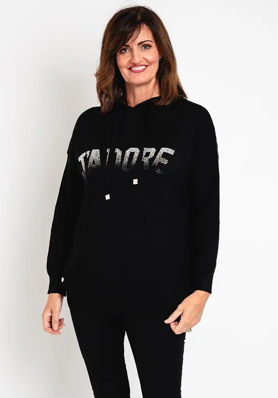 cozy pullover hoodiecozy pullover hoodieNatalia Collection One Size Embellished Text Knitted Hoodie, Black