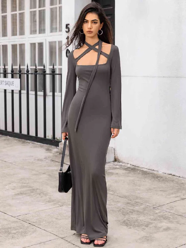 casual knit dressTie Detail Long Sleeve Sexy Maxi Dress