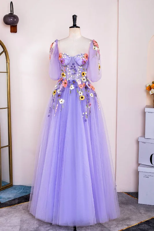 Weekend Deal fitted dressLavender Puff Sleeves Floral Appliques A-line Long Prom Dress Weekend Deal fitted dressLavender Puff Sleeves Floral Appliques A-line Long Prom Dress