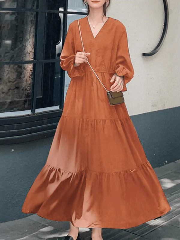 stylish dressWomen Solid Color Puff Sleeve V-Neck Big Swing Casual Maxi Layered Dress