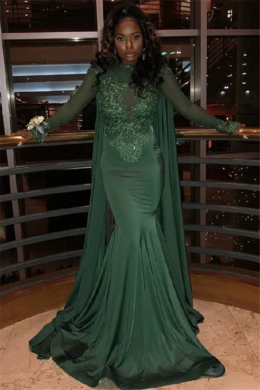 Great Deals Chic Round Neck Long Sleevess Appliques Mermaid Prom Party Gowns