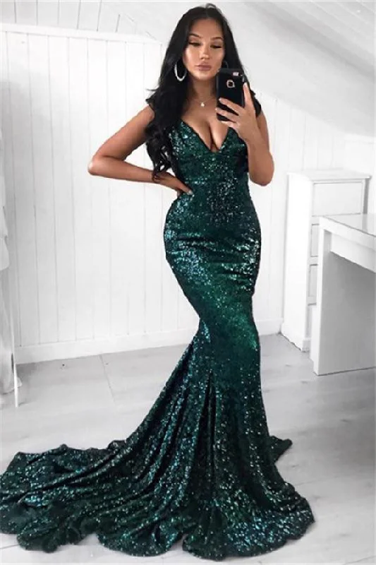 Lowest Price Green Sequins Prom Party Gowns| Mermaid Evening Party Dress