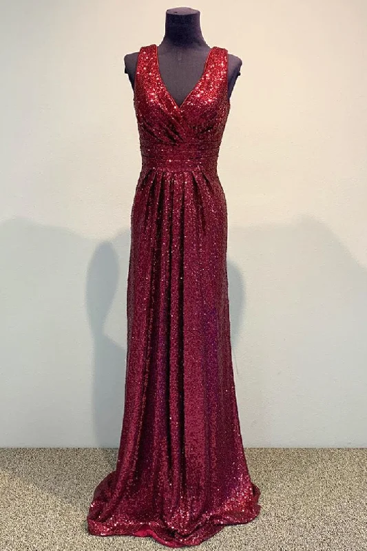 elegant evening dressGorgeous V Neck Burgundy Sequin Long Bridesmaid Dress