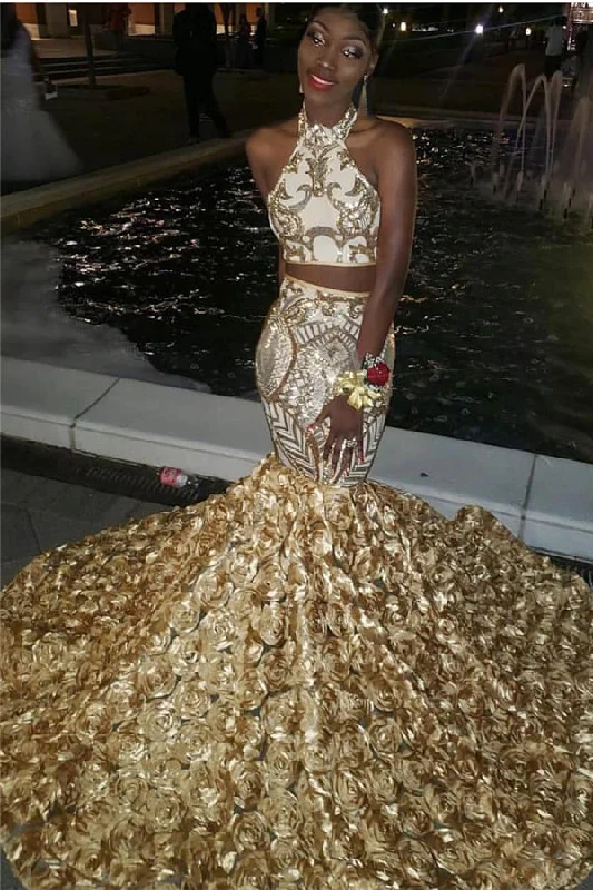Price Meltdown Halter Two-piece Golden Appliques Mermaid 3D-floral Train Prom Dresses Price Meltdown Halter Two-piece Golden Appliques Mermaid 3D-floral Train Prom Dresses