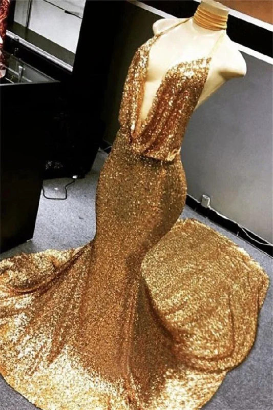 Limited Stock Gold Halter V-neck Mermaid Charming Sequined Deep Flow Neck Prom Party Gowns Limited Stock Gold Halter V-neck Mermaid Charming Sequined Deep Flow Neck Prom Party Gowns