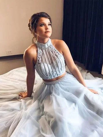 Unbeatable Prices Two Piece Prom Dresses High Neck Aline Beading Long Open Back Prom Dress JKL1277