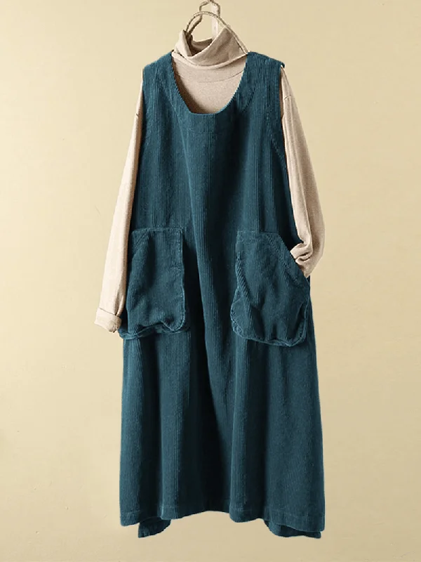 layered dressWomen Corduroy Loose Pure Color Split Hem Sleeveless Dress