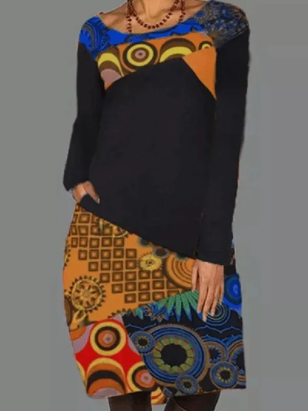 casual summer dressWomen Ethnic Pattern Patchwork Casual Print round Neck Long Sleeve Dress