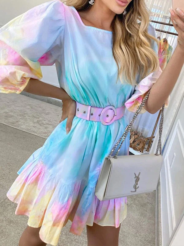 chic dressTie Dye Dress Fashion Holiday Style Ruffle Waist Slim Printed Pastel Dress