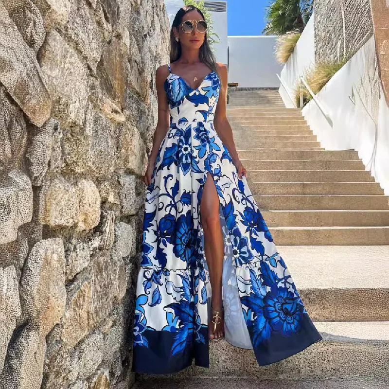 Crazy Savings romantic dressFashion Blue Printed Sling Long Women's Dress