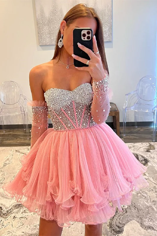 Weekend Special wrap dressPink Beaded Strapless A-line Ruffle Layers Homecoming Dress with Detachable Sleeves Weekend Special wrap dressPink Beaded Strapless A-line Ruffle Layers Homecoming Dress with Detachable Sleeves