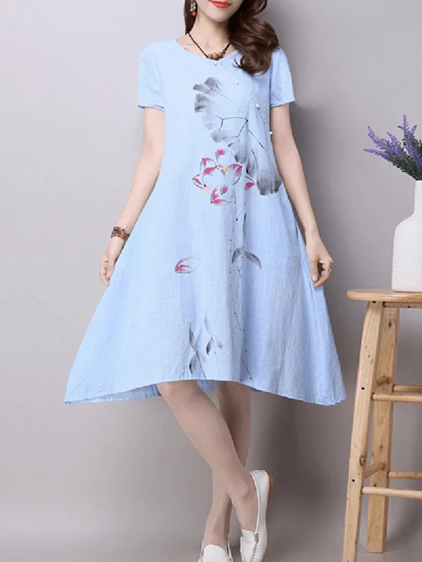 boho dressVintage Women Print Loose Short Sleeve Dresses