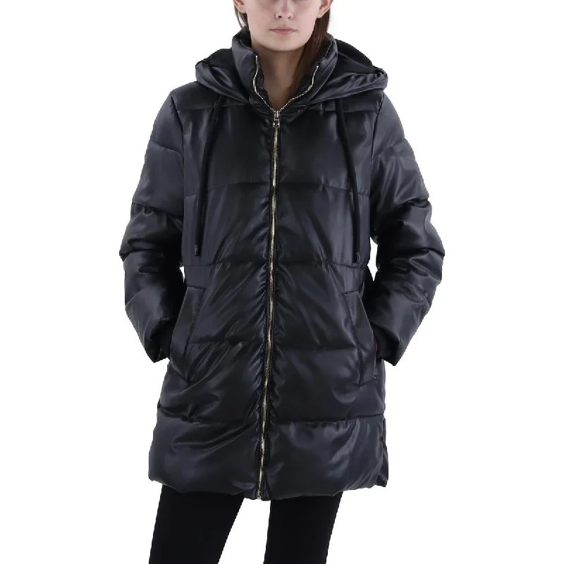 Don't Wait Womens Faux Leather Short Puffer Jacket